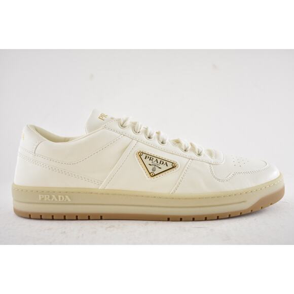 Prada Downtown Ivory Nappa Leather Gold Logo Flat Low Top Trainer Sneaker 41 - Picture 2 of 16